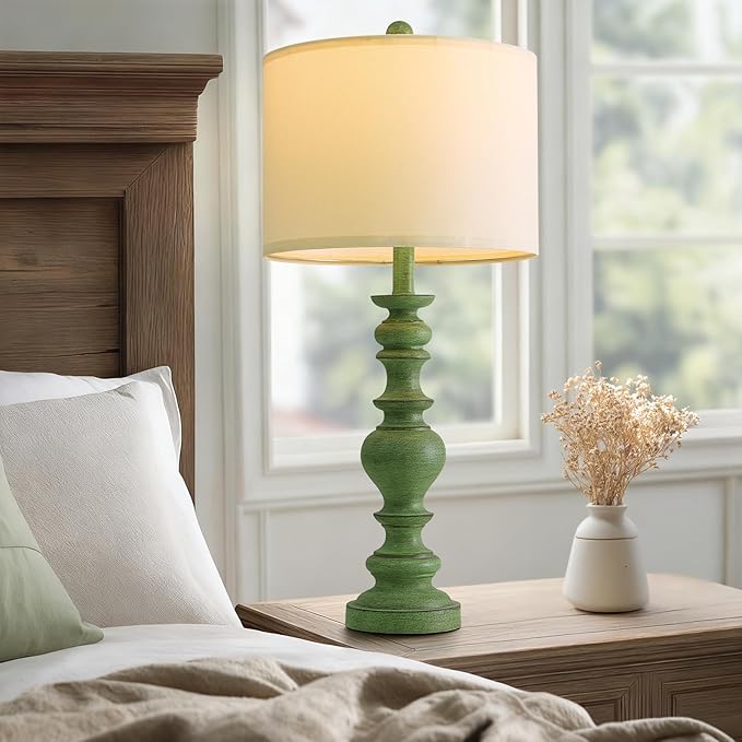 BOBOMOMO 27" Sage Green Table Lamps Set of 2, Large Farmhouse Resin Lamps with Linen Shades, Green Vintage Lamps for Living Room, Bedroom, or Entryway, Rustic Elegant Home Décor - Bloomnest