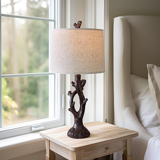 OYEARS 25" Farmhouse Table Lamp Set of 2 for Living Room Bedroom Resin Bedside Tree Lamp Nightstand End Table Lamps Vintage Natural Style - Bloomnest