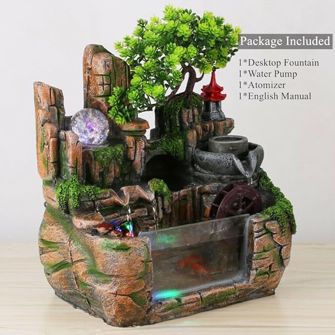 Atomizing Rockery Water Fountain Desktop Chinese Fengshui Tabletop Fountain Plants, Desktop Fountains, Atomizing Humidifier Fountain LED Lamp Waterfall for Home Office Bedroom Desk Decoration
