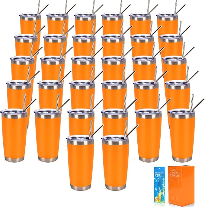 IEOVIEE 32 Pack, 20oz Stainless Steel Bulk Tumblers with Lids and Straws, Double Wall Insulated Travel Mug, Durable Powder Coated Tumbler Bulk Cup for Cold and Hot Drinks(Orange) - Bloomnest