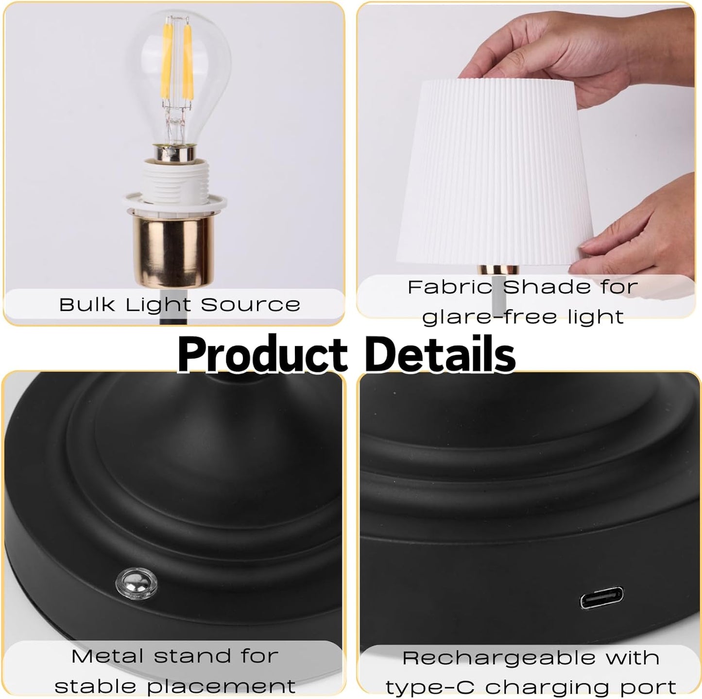 Rechargeable Cordless Table Lamp, Warm Desk Light, Wireless Touch Lamps with Stepless Dimmable Brightness & Fabric Shade for Nightstand Bedside Living Room (Black, Twill)