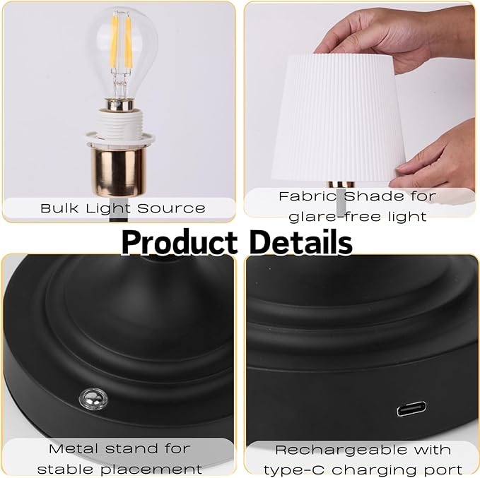 Rechargeable Cordless Table Lamp, Warm Desk Light, Wireless Touch Lamps with Stepless Dimmable Brightness & Fabric Shade for Nightstand Bedside Living Room (Black, Twill) - Bloomnest
