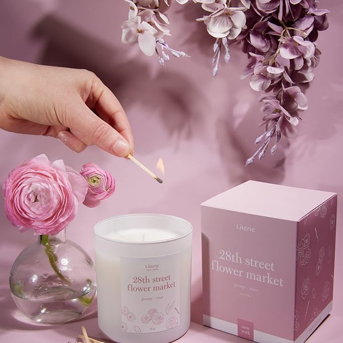 Literie NYC Inspired Scented Candle: 28th Street Flower Market - Peony & Rose Scent, 9oz, 50 Hour Burn, Vegan Soy & Coconut Blend Candle for Home Decor, Gift for Women & Men - Bloomnest