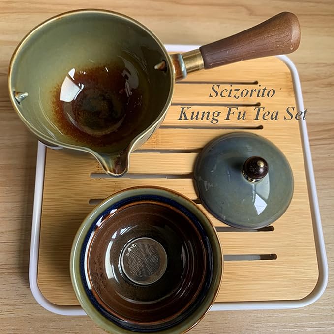 Ceramic Portable Travel Tea Set, Chinese Kungfu Tea Set with 360 Rotation Teapot and Infuser, 4 Tea Cups, Tea Tray And Travel Bag (Kiln Variant)