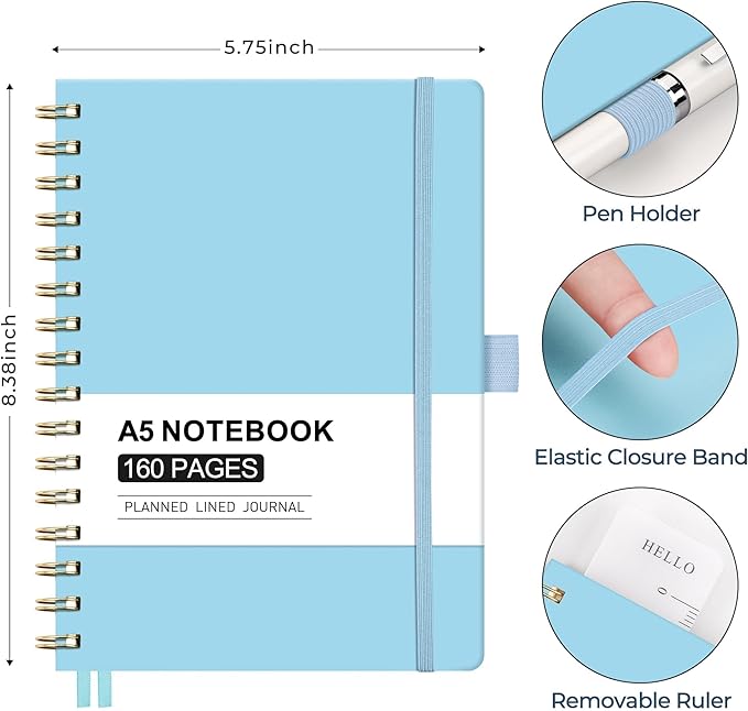 AHGXG Spiral Journal Notebook, 160 Lined Pages, A5 Medium Size (5.7'' x 8.3''), for Men & Women, Journaling, Writing, Work & Office, Hardcover, 100 GSM Thick Paper (Light Blue) - Bloomnest