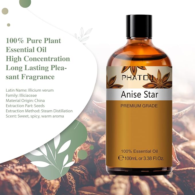 Anise Star 3.38fl.oz Essential Oil, PHATOIL Pure Aromatherapy Oils for Diffuser, Humidifier, Perfect for DIY Soap, Candle, Bath Bombs Making(100ml) PHATOIL