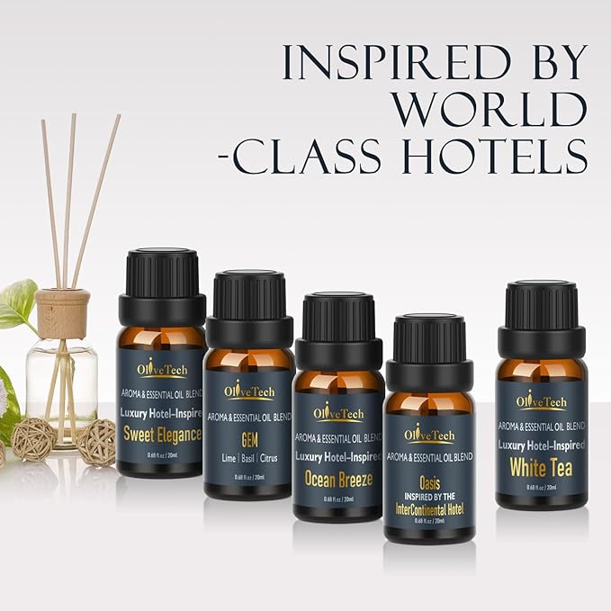 Hotel Collection Diffuser Oil Gift Set - 5 x 20ml / 0.68 fl oz, OliveTech Hotel Fragrance Oil Inspired by Iconic Luxury Hotel, White Tea, GEM & Oasis Scents, Glass Bottles OliveTech