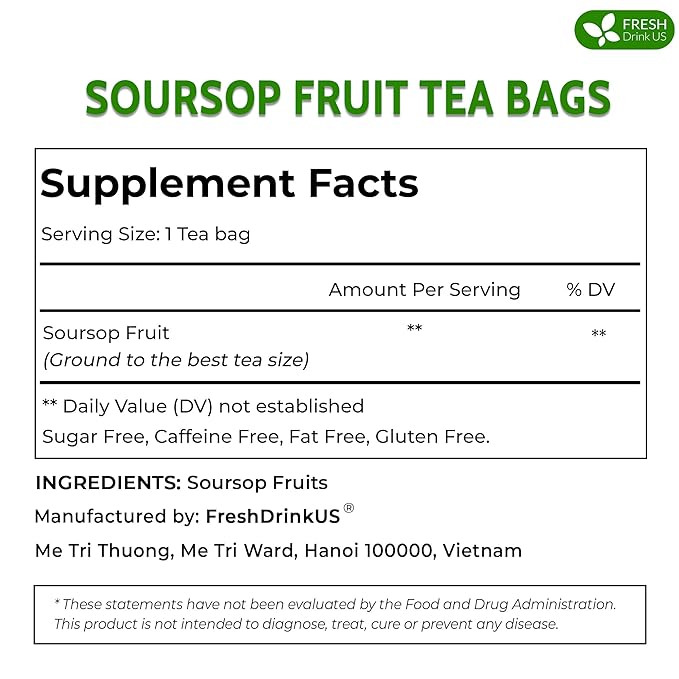 FreshDrinkUS, 60 Premium Soursop Graviola Fruit Tea Bags, 100% Natural and Pure from Soursop Fruits, Made With Natural Materials-Corn Fiber Tea Bag, Sugar/Caffeine/Gluten Free, Hoja Guanabana Tea - Bloomnest