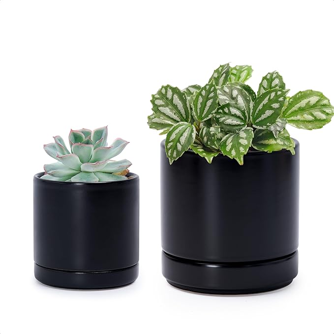 D'vine Dev 3.5 Inch & 4.7 Inch Ceramic Planter Pots for Plants with Drainage Hole and Saucer, X-Small Plant Pots Set, Black, 94-G-XS-2 - Bloomnest
