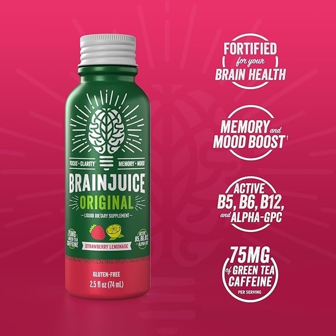 BrainJuice Energy & Focus Shot, Gluten Free Supplement, Healthy Drinks with Alpha GPC, Vitamin B & Organic Green Tea Extract Caffeine, Strawberry Lemonade, 2.5 fl oz, 12 Pack - Bloomnest