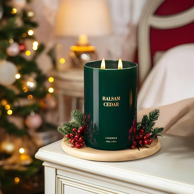 Goodpick Balsam Cedar Candle 22 oz, Pine Candles for Home Scented, Winter Candle for Classic Luxury Aromatherapy, Big Green Soy Candles, Large Jar Candle Gifts for Christmas, Birthday, Men, 2 Wicks - Bloomnest
