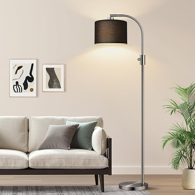 【Upgraded】 Dimmable Floor Lamp, 1200 Lumens LED Bulb Included, Brushed Nickel Arc Floor Lamps for Living Room Modern Standing Lamp with Black Shade, Tall Lamp for Living Room Bedroom Office Office - Bloomnest