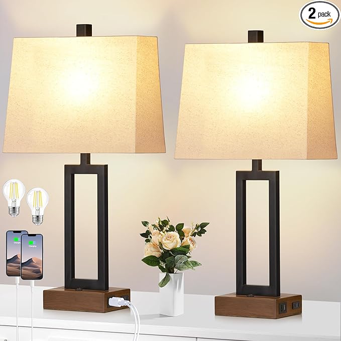 Table Lamp for Bedroom Set of 2 with 2 USB Ports and AC Power Outlet, 23.5" Modern Bedside Lamp, Wood Nightstand Lamp with Linen Shade for Living Room Hotel Desk(LED Bulb Included) - Bloomnest