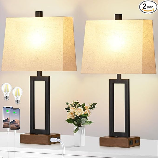 Table Lamp for Bedroom Set of 2 with 2 USB Ports and AC Power Outlet, 23.5" Modern Bedside Lamp, Wood Nightstand Lamp with Linen Shade for Living Room Hotel Desk(LED Bulb Included) - Bloomnest