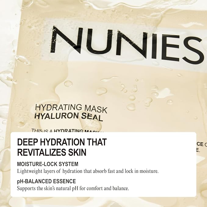 NUNIES Hydrating Sheet Mask – Korean Moisturizing Face Mask for Dry & Sensitive Skin | 10-Layer Hyaluronic Acid, Trehalose & Allantoin | Glow, pH-Balanced | Fragrance-Free, Colorant-Free | 5 Sheets - Bloomnest