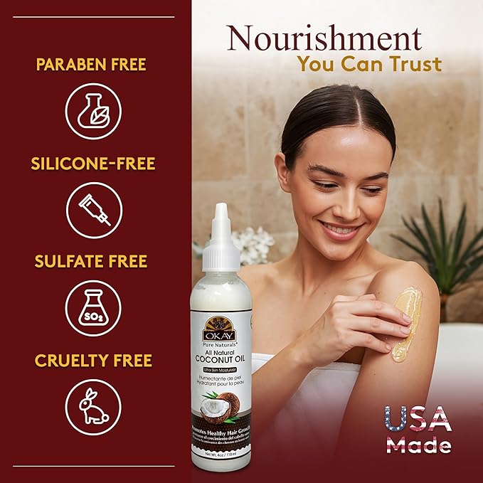 Okay 100% Pure Coconut Oil for Hair & Skin - Coconut Oil for Women & Men, Perfect for Hair & Body, for Massage & Moisturizer, Natural - 4 fl oz Squeeze Bottle (Pack of 1) - Bloomnest