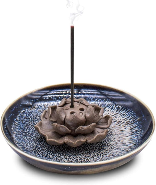 TrendBox Ceramic Handmade Artistic Incense Holder Burner Stick Coil Lotus Ash Catcher Buddhist Water Lily Plate - Three Holes Transmutation Glaze - Bloomnest