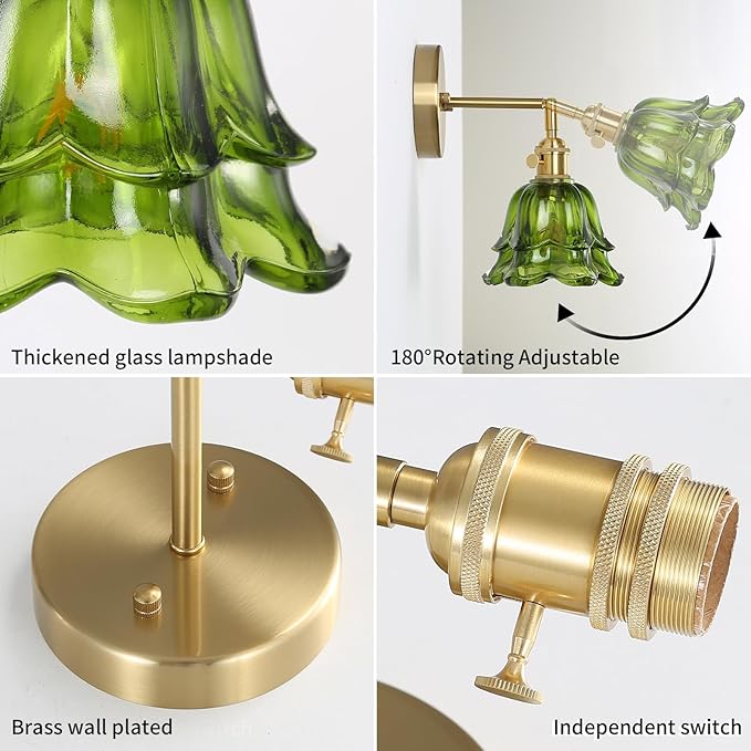 Vintage Wall Sconces, Rose Green Lampshade & 180 Degree Adjustable, Brass Wall Lights, for Bedroom Living Room Hallway Aisle, Bulbs Not Included, ETL Listed - Bloomnest