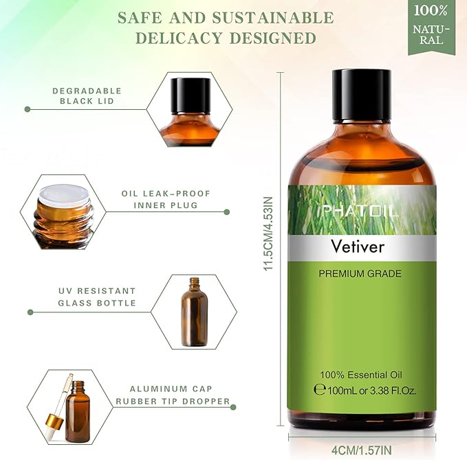 Vetiver 3.38fl.oz Essential Oil, PHATOIL Pure Aromatherapy Oils for Diffuser, Humidifier, Perfect for DIY Soap, Candle, Bath Bombs Making(100ml) PHATOIL