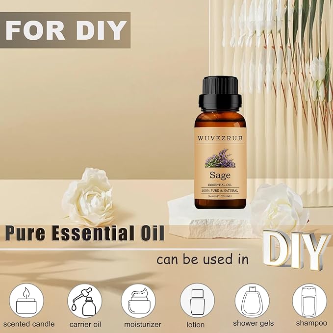 Sage Essential Oils 10ML, 100% Pure and Natural Essential Oil for Aromatherapy Diffuser - 0.33 Fl Oz/Sage WUVEZRUB