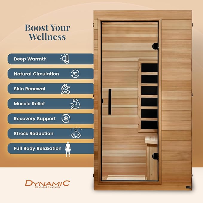 DYNAMIC SAUNAS Elite 1 Person Compact Ultra Low EMF FAR Infrared Sauna with Red Light Therapy & Bluetooth Speakers - Personal Indoor for Home & Gym DynamicSaunas