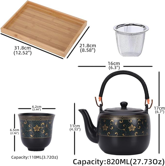 Handmade Japanese Ceramic Tea Set-Traditional Asian Design with Modern Convenience,Includes 1 Teapot,6 Cups,Tea Tray and Stainless Infuser, Perfect for Tea Enthusiasts and Collectors (Design2) - Bloomnest