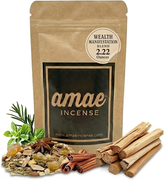 Natural Resin, Herbs & Essence Wealth Manifestation Mix - Blend with Frankincense, Sandalwood, Cinnamon & Copal - Grounding Loose Incense for Abundance Rituals & Meditation - 2.22 oz AmaeIncense