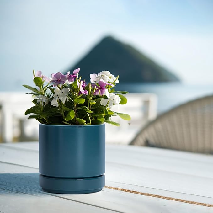 D'vine Dev 4.7 Inch & 6.5 Inch Ceramic Planter Pots for Plants with Drainage Hole and Saucer, Small Plant Pots Set, Teal, 94-G-S-9 - Bloomnest