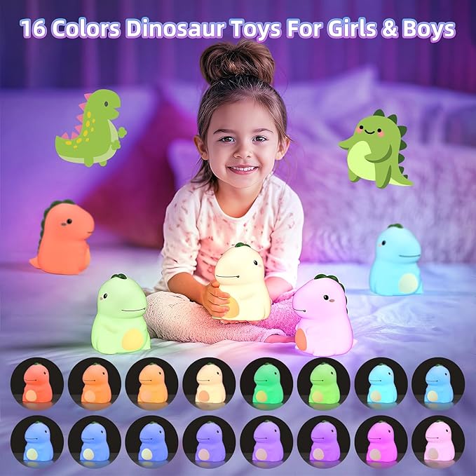 Dinosaur Night Light for Boys, Dino Lamp Silicone Light, 16 Color Nightlight, Rechargeable Battery Powered, 30Min Timer Off, Ideal Gifts for Kids,Toddler,Baby - Bloomnest