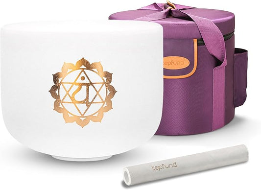 TOPFUND 10" F Note Crystal Singing Bowl Heart Chakra Gold Pattern with Durable Carrying Case and Suede Mallet