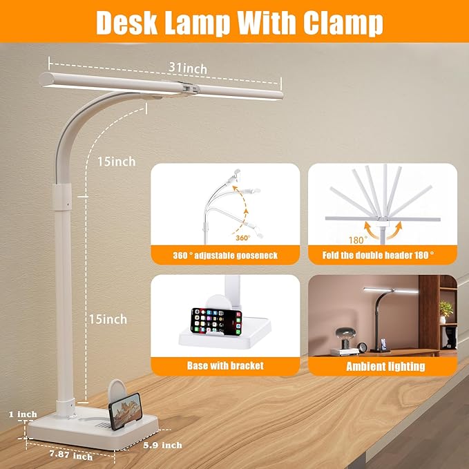 Led Desk Lamp for Home Office,24W Bright Eye-Caring Desk Light with Base,5 Brightness and 5 temperatures Dimmable Workbench Task Light, Adjustable Gooseneck Table Lamp for Monitor(White) - Bloomnest