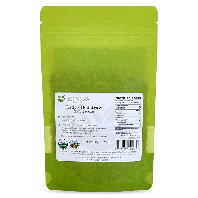 Biokoma Pure and Organic Lady's Bedstraw Dried Herb 50g (1.76oz) In Resealable Moisture Proof Pouch, USDA Certified Organic - Herbal Tea, No Additives, No Preservatives, No GMO, Kosher - Bloomnest