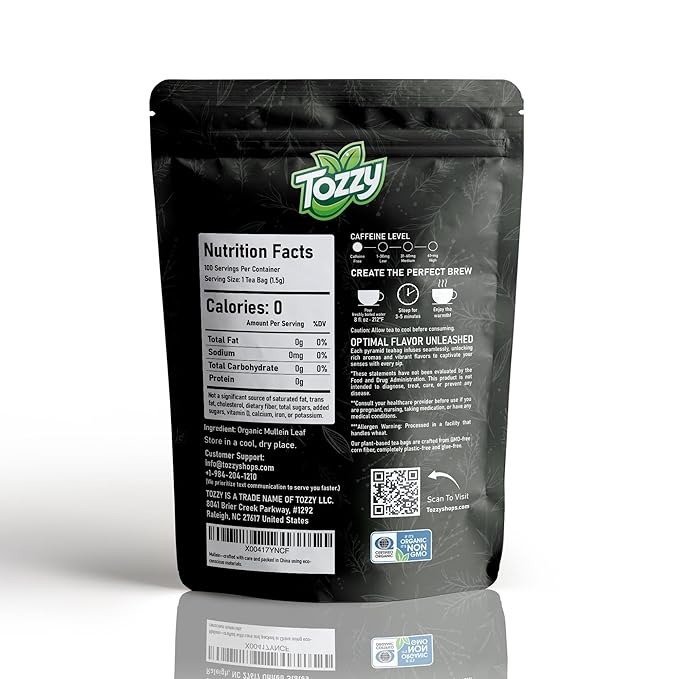 Tozzy Organic Mullein Tea – 100 Count, Plant-Based Pyramid Tea Bags | Supports Lung Health & Respiratory Wellness - Bloomnest