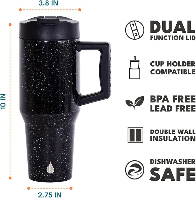 Elemental 32 oz 100% Leak Proof Tumbler with Handle & Straw - Stainless Steel Double Wall Insulated Tumbler for Hot and Cold Beverages - Travel Coffee Mug with Sip & Straw Lid - Black Speckle - Bloomnest