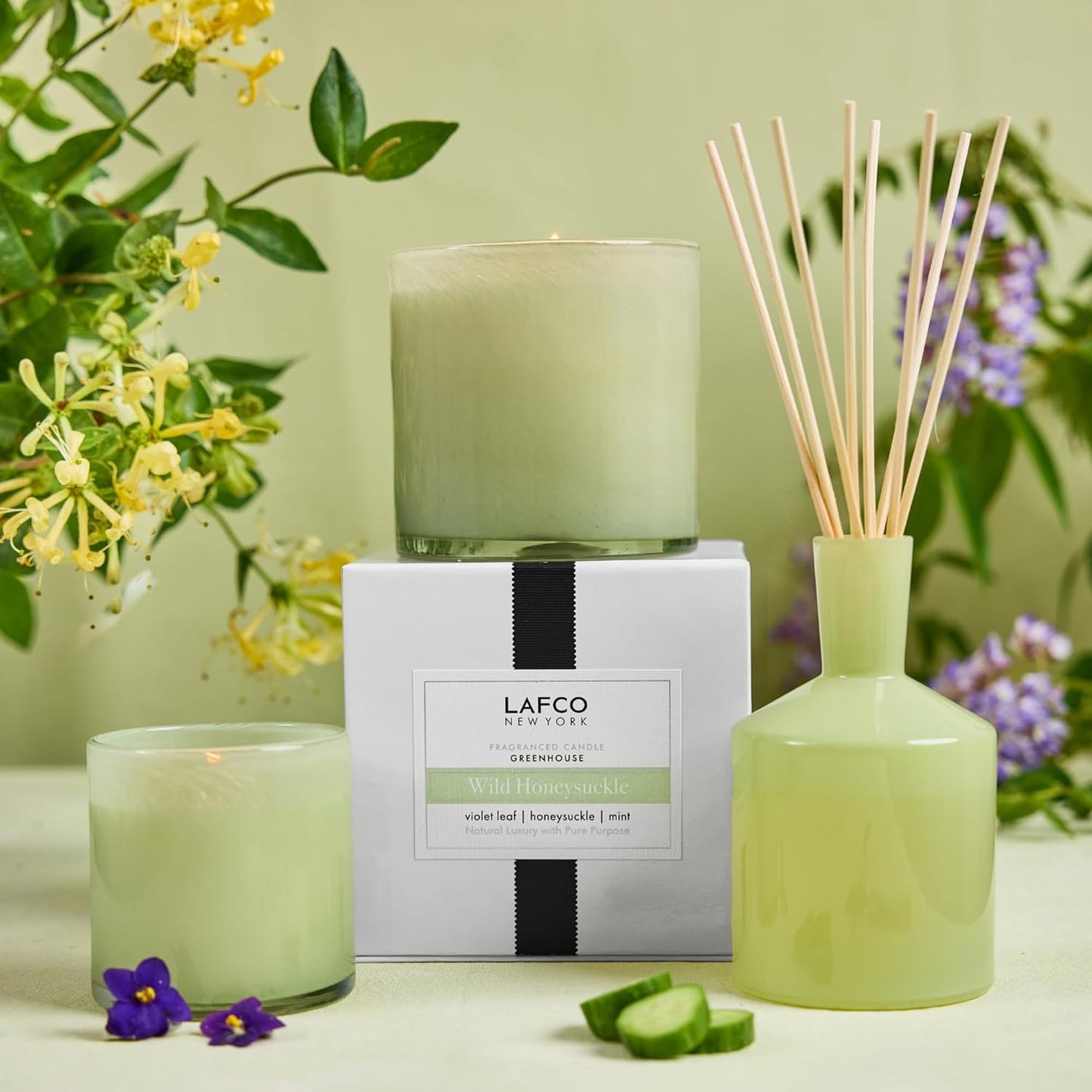 LAFCO New York Signature Candle, Wild Honeysuckle - 15.5 oz - 90-Hour Burn Time - Reusable, Hand Blown Glass Vessel - Made in The USA