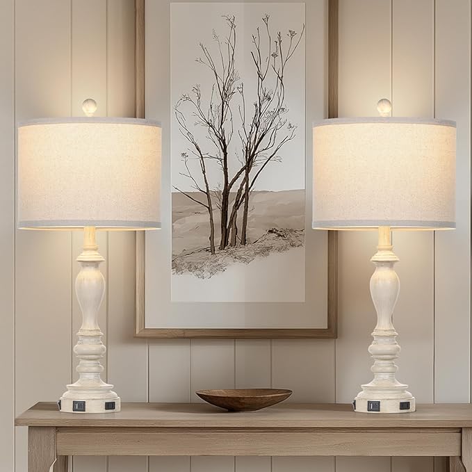 28" Table Lamps with USB C+A Ports & AC Outlets, Farmhouse Rustic Table Lamps Set of 2, Vintage End Table Nightstand Resin Bedside Lamp for Living Room Bedroom, Fabric Linen Shade Washed Antique Beige - Bloomnest