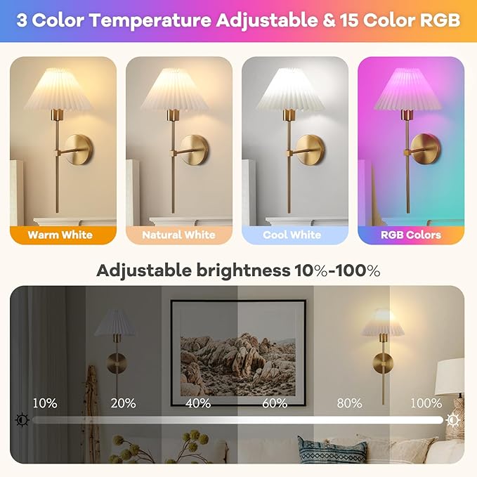 Wireless Wall Sconce Sets of 2, Pleated Shades Rechargeable Battery Operated Wall Sconce, Retro Industrial Gold Wall Lights Bathroom Vanity Sconces, Wall Mounted Lamps for Bedroom Living Room Kitchen - Bloomnest
