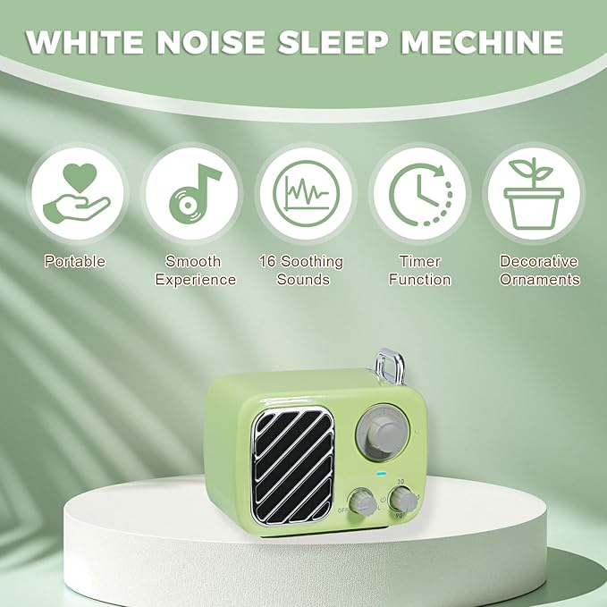 Vintage Style White Noise Machine with 16 Soothing Sounds – Portable Sleep Sound Device with Timer & Adjustable Volume for Baby, Kids, Adults, Travel & Office (Sprout Green, Portable) - Bloomnest