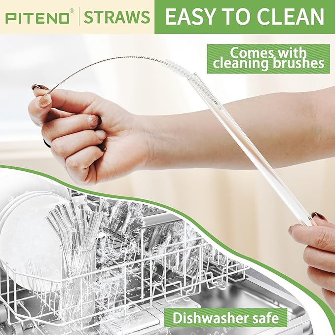 Piteno® 16-Pack Reusable Glass Straws Set, Clear Glass Drinking Straws, 8.5''x10MM, Set of 6 Straight and 6 Bent with 4 Cleaning Brushes, Perfect for Smoothies, Milkshakes, Juice, Tea Piteno