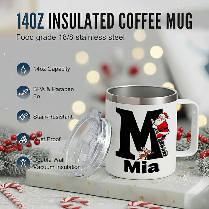JugJug Personalized Christmas Mug with Initial & Name - Funny Santa Climbing Ladder 12oz Insulated Coffee Cup with Lid - Xmas Gifts for Kids, Boys (B158) - Bloomnest
