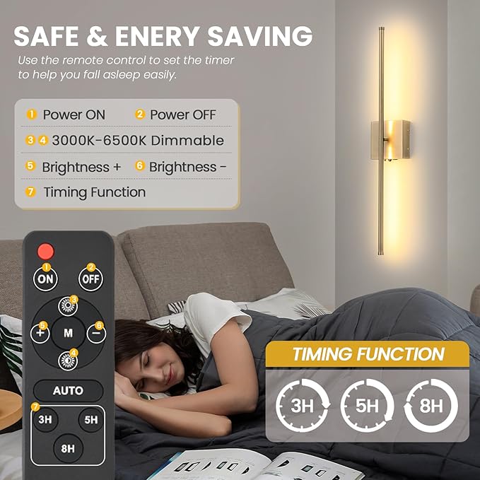 Battery Operated Wall Sconces set of 2, 11000mAh Rechargeable Brushed Bronze Wireless Wall Lights, 350°Rotate Dimmable Wall Lamp with Remote, 3 Color Temperatures, for Bedroom, Living Room, Hallway - Bloomnest