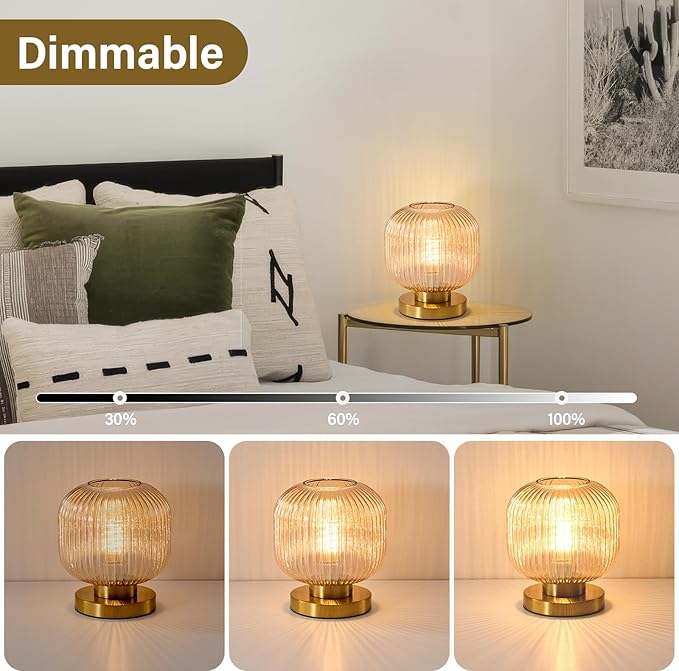 Small Amber Glass Table Lamp: Mid Century Modern Dimmable Nightstand Lamps - Vintage Decor Brass Desk Lamp with Plug - Ribbed Glass Bedside Tables Lamps for Bedroom Living Room Office Bulb Excluded - Bloomnest