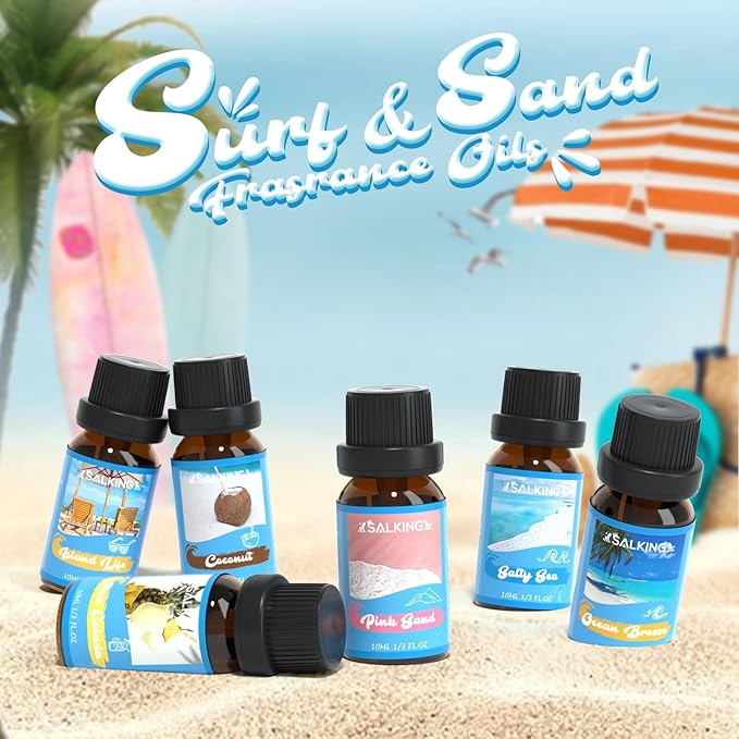SALKING Surf & Sand Fragrance Oils, Premium Essential Oil for Diffuser, Scented Oil Gift Set for Soap Candle Making - Ocean Breeze, Salty Sea, Pink Sand, Coconut, Island Life, Pina Colada - Bloomnest