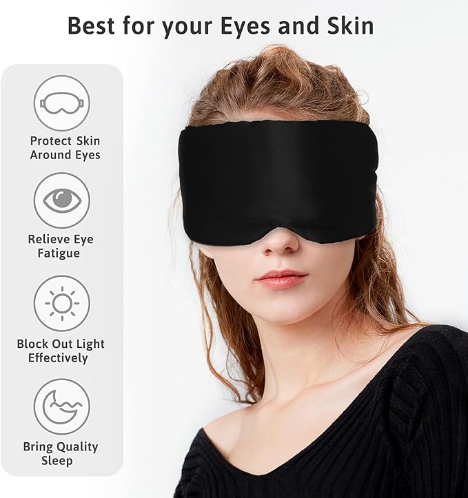 Silk Sleep Mask for Women Men, Mulberry Silk Eye Sleeping Mask & Blindfold with Adjustable Strap, Blackout Eye Cover for Sleep Travel Yoga Nap, Large Size, Black - Bloomnest