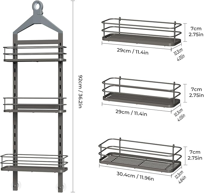 ODesign 3 Tier Height-Adjustable Shower Caddy Hanging Anti-Swing-Over The Shower Head Caddy-Showe r Storage Organizer Bathroom Shelves Basket Caddies-Grey - Bloomnest