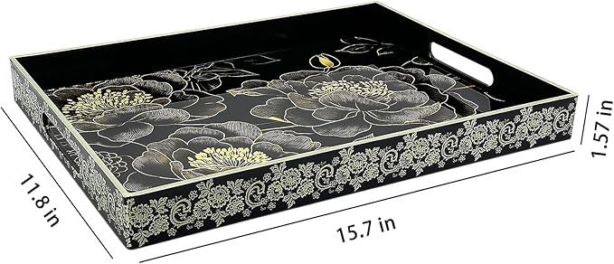 Serving Tray with Handles, 15.7 * 11.8 inches, Plastic Ottoman Tray with Exquisite Paintings, Trays for Coffee Table - Bloomnest