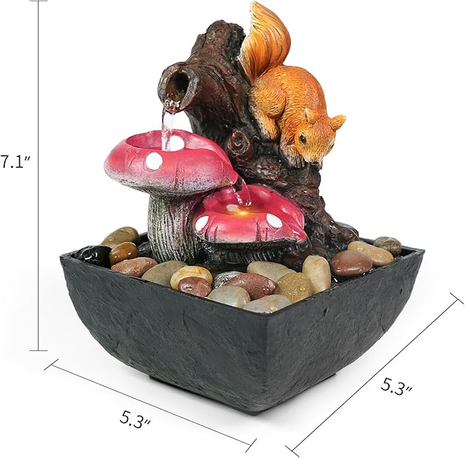 Ferrisland Tabletop Water Fountain Indoor - 3 Tiered Waterfall Fountain Indoor Desktop Water Feature with Light Squirrels Animal Sculpture Relaxation Fountains for Office Home Decor, Gift Idea - Bloomnest