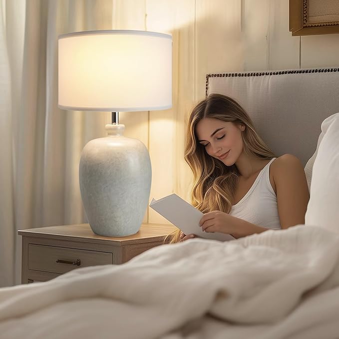 WJShome 27" Farmhouse Ceramic Table Lamp with Unique Ice Pattern Effect and White Linen Shade - Perfect for Bedroom, Living Room, Dining, and Office! (Bulb Not Included) - Bloomnest