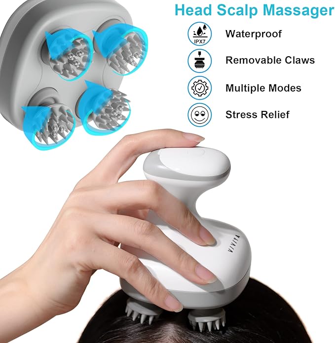 VIVIYA Electric Scalp Massager, Portable Rechargeable Head Massager with 8 Removable Massage Claws, Waterproof Handheld Hair Scalp Scratcher for Full-Body Massage and Stress Relax VIVIYA