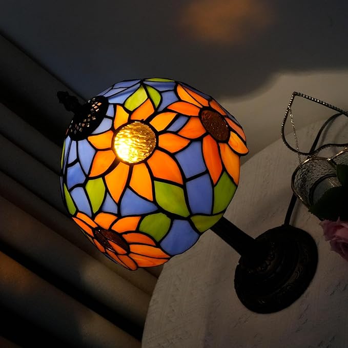 Tiffany Lamp Bedside Table Lamp-Nightstand,Stained Glass Lamp for Bedroom Dorm Living Kitchen, Aesthetic Cute Home Decor Gift (Blue Background Sunflower) - Bloomnest